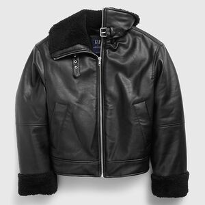 GAP Black Faux Vegan Leather Aviator Sherpa-Lined Moto Jacket Petite